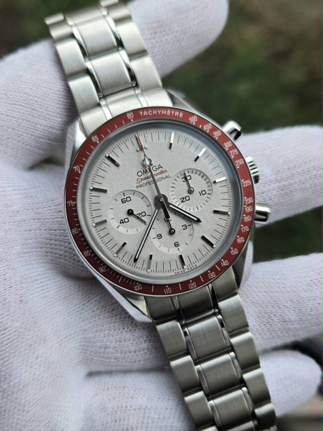 Omega Speedmaster Tokyo 2020 "Rising Sun" Limited Edition, Frosted Silver Dial, Stainless Steel on Bracelet, Reference 522.30.42.30.04.001 , Year 2020, Near Mint Condition, Full Set Box & Papers