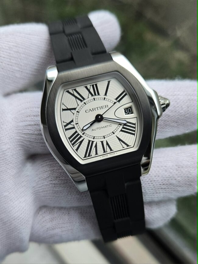 Cartier Roadster S Automatic, Stainless Steel Case on Rubber Strap, Silver Roman Dial, Reference W6206018, Year 2010, Near Mint Condition, Box Only, Keeping Perfect Time