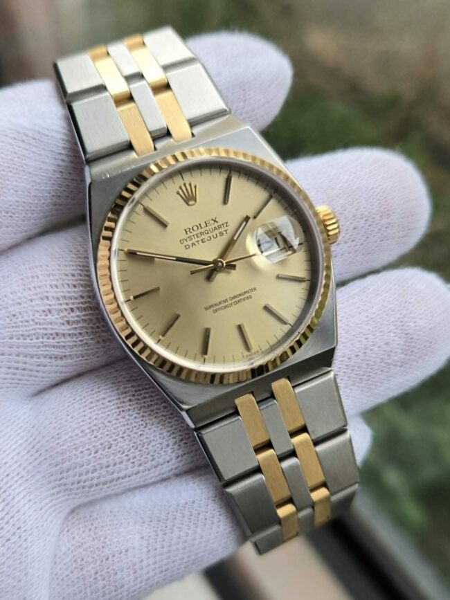 Rolex Datejust Oysterquartz 36mm Stainless Steel & 18ct Yellow Gold on Bracelet, Champagne Dial, Reference 17013, Year 1986, Excellent Condition, with Box