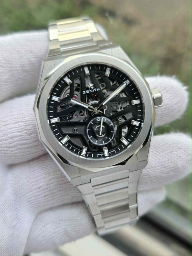 Zenith Defy Skyline Skeleton Black Dial, Stainless Steel on Bracelet, Reference 03.9300.3620/78.1001, Year 2023, Full Set Box & Papers, Balance of Zenith 5 Year Factory Warranty, Keeping Perfect Time.