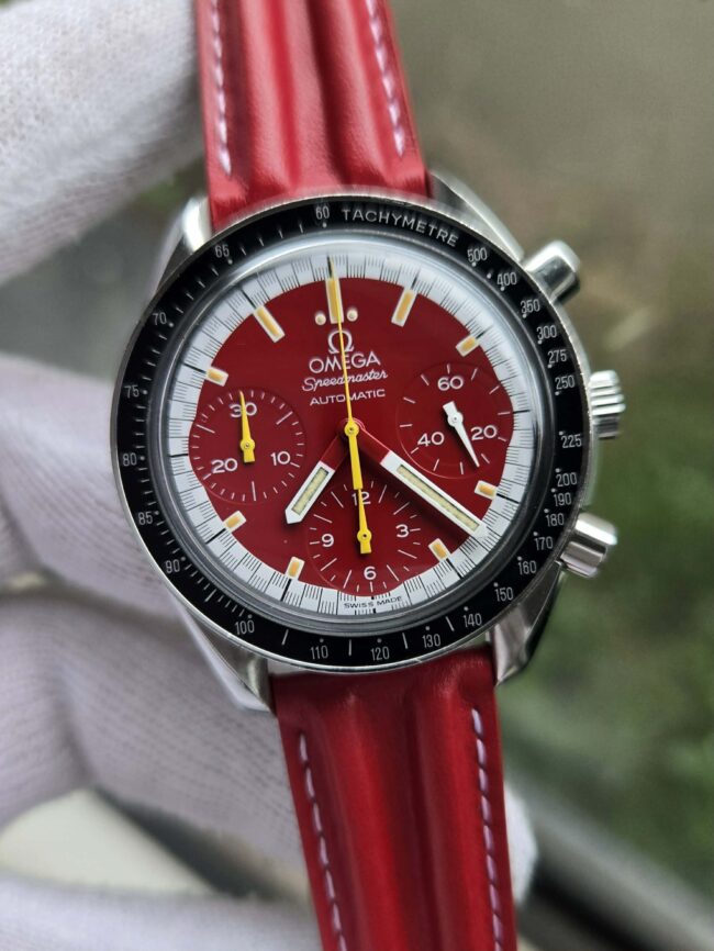 Omega Speedmaster Automatic Michael Schumacher Edition, Red Dial, 39mm Stainless Steel Case on Brand New Genuine Omega Strap, Reference 3810.61, Circa 2002, Keeping Perfect Time