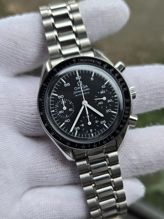 Omega Speedmaster Reduced Automatic, Stainless Steel 39mm Case on Omega Stainless Steel Bracelet, Reference 3510.50, Circa Late 1990's, Excellent Condition, Recently Serviced Keeping Perfect Time, Comes with Box & Booklet.