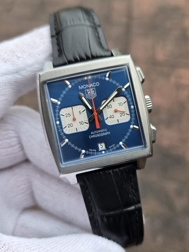 TAG Heuer Monaco Steve McQueen Chronograph Blue Dial, 38mm Stainless Steel Case on Black Leather Strap, Reference CW2113, Year 2007, Excellent Condition, Box & Warranty Card.