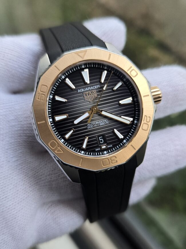 TAG Heuer Aquaracer Automatic, 40mm Steel Case with 18ct Rose Gold Bezel on Black Rubber Strap, Ref WBP2151.FT6199, Year 2024, Excellent Condition, Full Set with Box & Papers, Factory Warranty Until 02/2029.