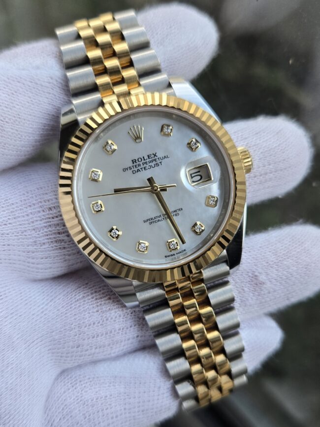 Rolex Datejust 41mm Steel & Yellow Gold, Mother of Pearl Diamond Dial on Jubilee Bracelet, Ref 126333, Year 2018, Local Stock, Excellent Condition, Never Polished, Full Set with Box & Papers