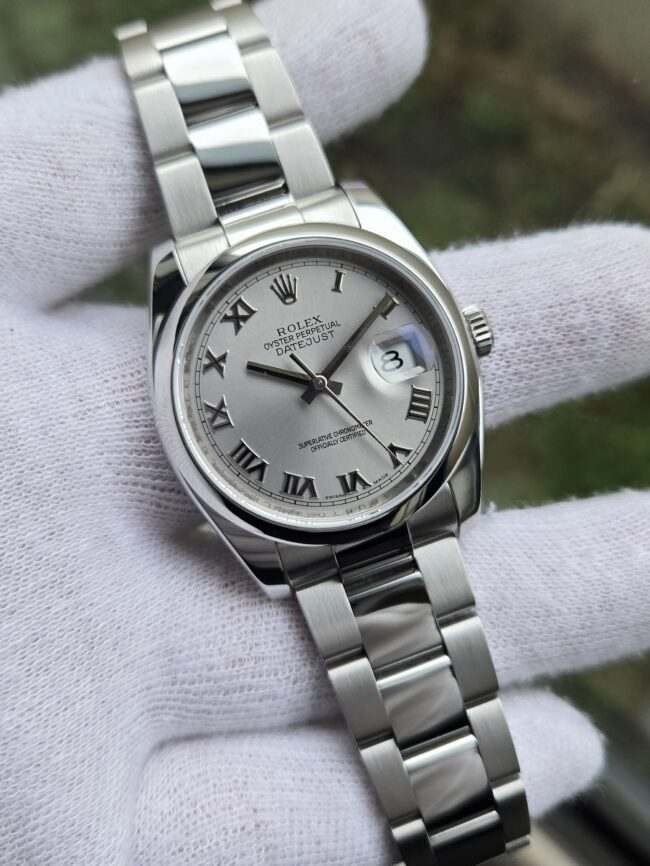 Rolex Datejust 36mm Stainless Steel, Silver Roman Dial, Oyster Bracelet, Reference 116200, Year 2011, Excellent Condition, Just Serviced, Full Set with Box & Papers