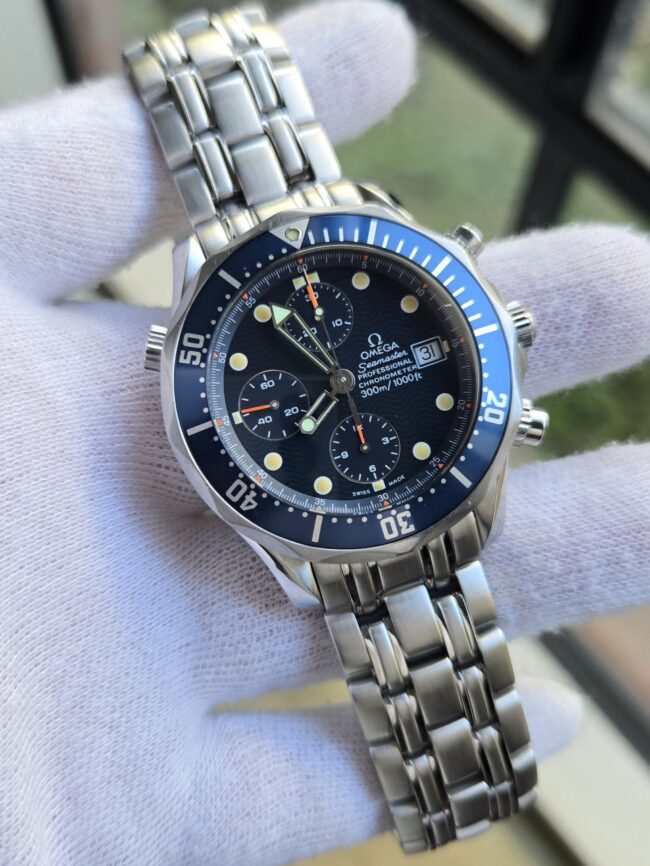 Omega Seamaster Professional 300M Chronograph with Date, Navy Blue Wave Dial, Blue Bezel, 41.5mm Stainless Steel Case, Reference 2599.80, Circa 2000, Just Serviced, Excellent Condition, Box Included