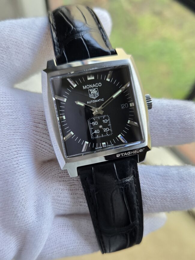 TAG Heuer Monaco Stainless Steel on TAG Heuer Leather Strap, Reference CW2110, Year 2007, Excellent Condition, Just Serviced, Full Set with Box & Papers