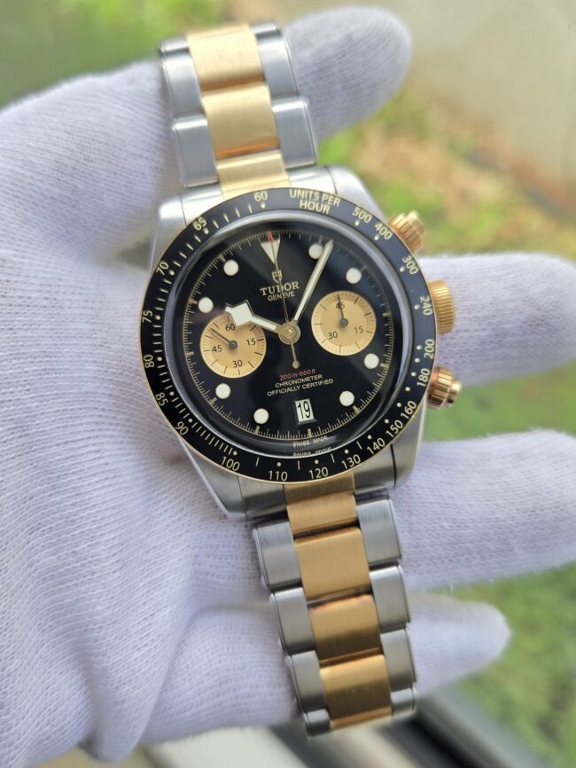 Tudor Black Bay Chronograph Steel & Gold, Black Dial, Reference 79363N, Year 2021, Excellent Condition, Full Set with Box, Booklets, Warranty Card & Swing Tag